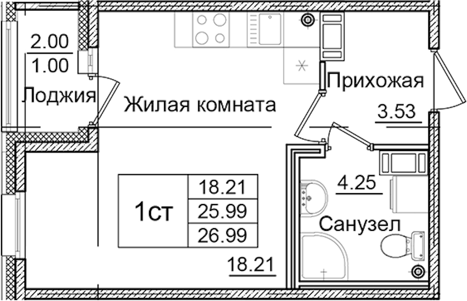 Квартира студия 26.99 м², 3/9 эт., ЖК «Квартал Заречье»